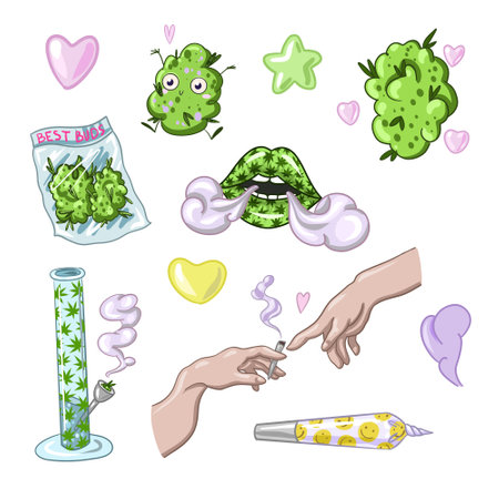 Set of Marijuana. Legalize cannabis. smoking weed. Vector illustration of weedのイラスト素材