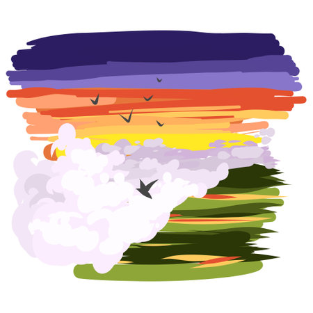 vector illustration of the landscape. sunset, clouds and birds.のイラスト素材