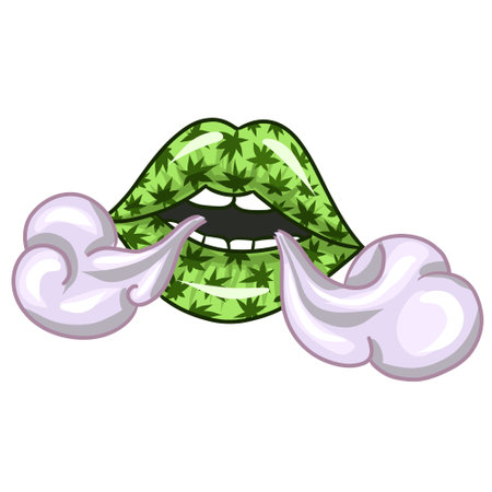 Lips with the image of Marijnauna. Lips let out smoke vector. cannabis weedのイラスト素材