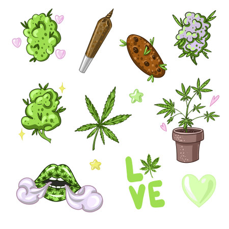 Set of Marijuana. Legalize cannabis. smoking weed. Vector illustration of weedのイラスト素材