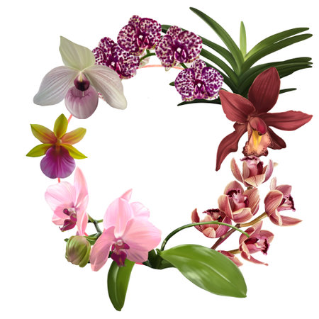 Watercolor frame made of orchids. illustration of phalaenopsis, cymbidium and Paphiopedilumの写真素材