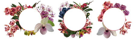 Watercolor set of frames made of orchids. frame of cymbidium, phalaenopsis and Paphiopedilumの写真素材