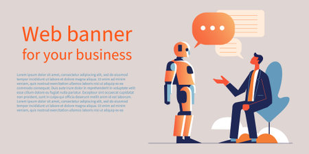 Web banner Man communicating with robot. man communicating with artificial intelligence vector illustrationのイラスト素材