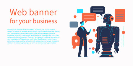 Web banner Man communicating with robot. man communicating with artificial intelligence vector illustrationのイラスト素材