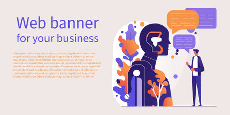 Web banner Man communicating with robot. man communicating with artificial intelligence vector illustrationのイラスト素材