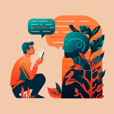 Man communicating with robot. man communicating with artificial intelligence vector illustrationのイラスト素材