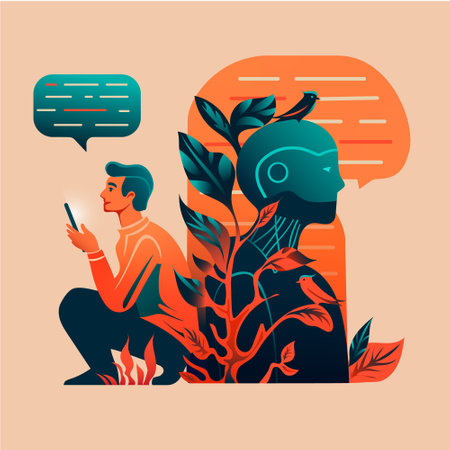 Man communicating with robot. man communicating with artificial intelligence vector illustrationのイラスト素材