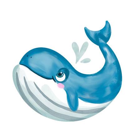 childrens watercolor illustration of a whale. book illustrationの写真素材