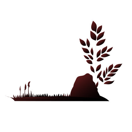 Vector illustration of the background. landscape stone with grass and plant branches, silhouetteのイラスト素材