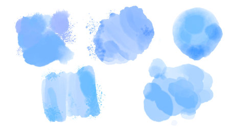 A set of watercolor colored spots. Blue water spots on a white background.の写真素材