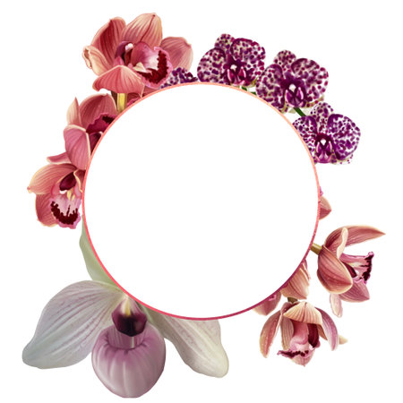 Watercolor frame made of orchids. illustration of phalaenopsis, cymbidium and Paphiopedilumの写真素材