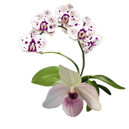 Watercolor bouquet of orchids. Realistic flowers of cymbidium, phalaenopsis and Paphiopedilumの写真素材
