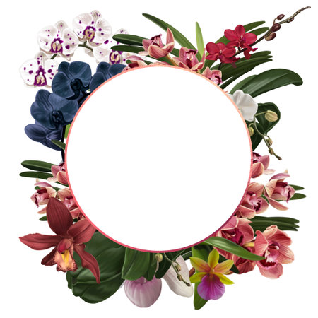 Watercolor frame made of orchids. illustration of phalaenopsis, cymbidium and Paphiopedilumの写真素材