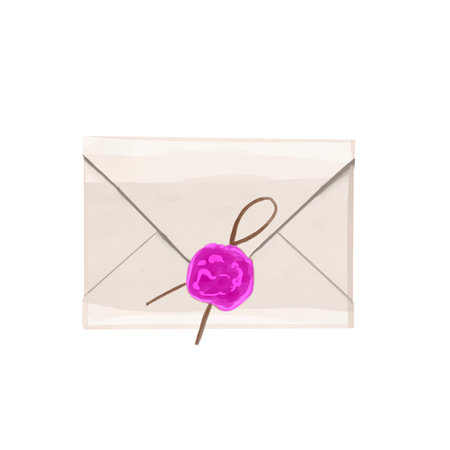 Watercolor envelope with a letter. Seal in the shape of a heart. Postal letter isolated on a white backgroundの写真素材