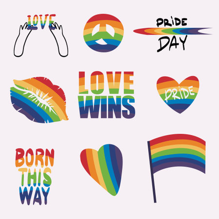 LGBTQ Pride Parade Set. Vector illustration of a gay pride parade. A group of people participating in the Pride parade. LGBT communityのイラスト素材