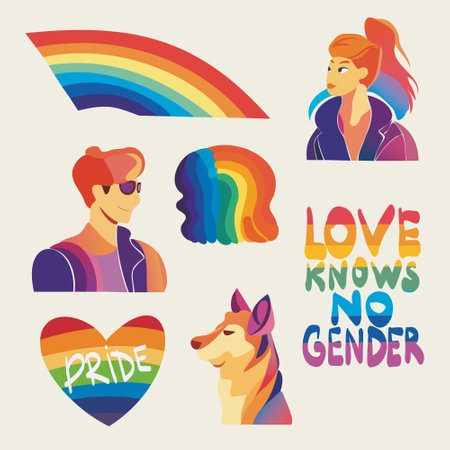 LGBTQ Pride Parade Set. Vector illustration of a gay pride parade. A group of people participating in the Pride parade. LGBT communityのイラスト素材