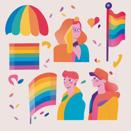 LGBTQ Pride Parade Set. Vector illustration of a gay pride parade. A group of people participating in the Pride parade. LGBT communityのイラスト素材