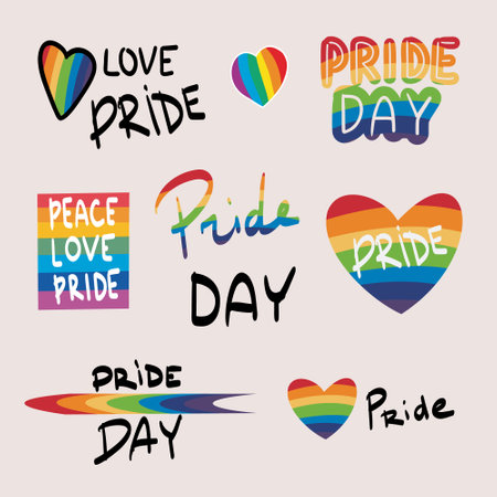 LGBTQ Pride Parade Set. Vector illustration of a gay pride parade. A group of people participating in the Pride parade. LGBT communityのイラスト素材