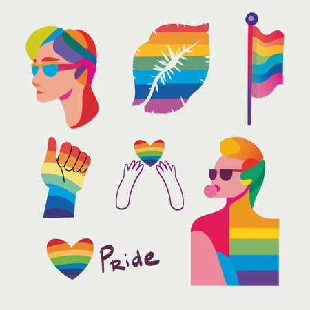 LGBTQ Pride Parade Set. Vector illustration of a gay pride parade. A group of people participating in the Pride parade. LGBT communityのイラスト素材