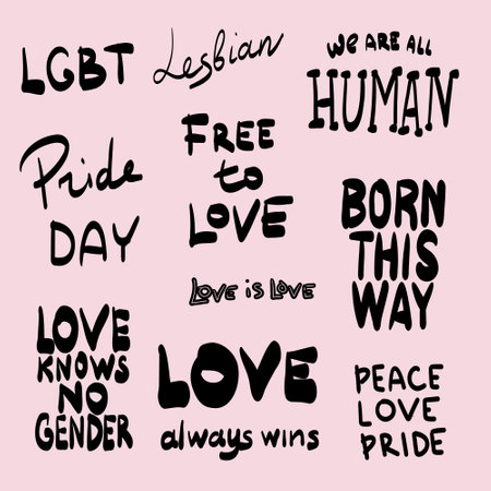 A set of black inscriptions of LGBTQ phrases. Vector illustration of the Pride parade. LGBT communityのイラスト素材