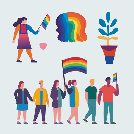 LGBTQ Pride Parade Set. Vector illustration of a gay pride parade. A group of people participating in the Pride parade. LGBT communityのイラスト素材