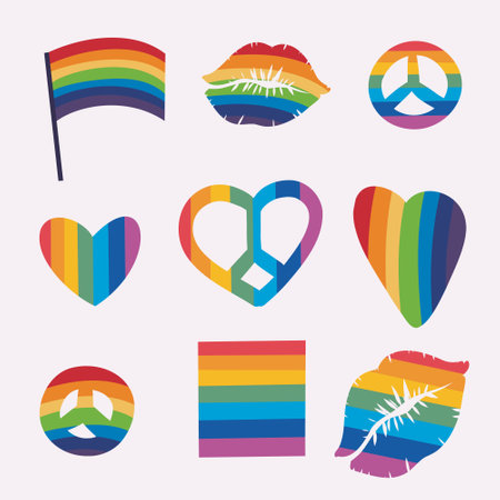 LGBTQ Pride Parade Set. Vector illustration of a gay pride parade. A group of people participating in the Pride parade. LGBT communityのイラスト素材