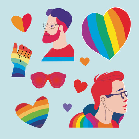 LGBTQ Pride Parade Set. Vector illustration of a gay pride parade. A group of people participating in the Pride parade. LGBT communityのイラスト素材