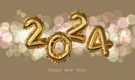 Golden banner 2024. 3D illustration 2024 Happy New Year greeting card. golden 3D digits balloons