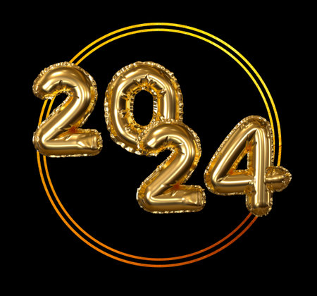 Golden banner 2024 black background. 3D illustration 2024 Happy New Year greeting card. golden 3D digits balloonsの写真素材