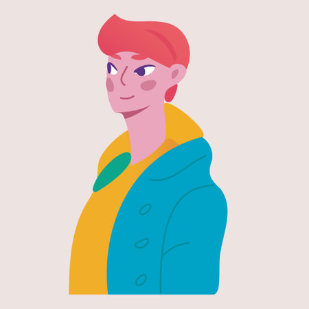 Flat portrait of a red-haired boy in a yellow and blue jacket. Character Vector Illustrationのイラスト素材