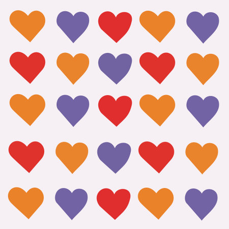 Pattern of flat hearts in orange, purple and red. Vectorのイラスト素材