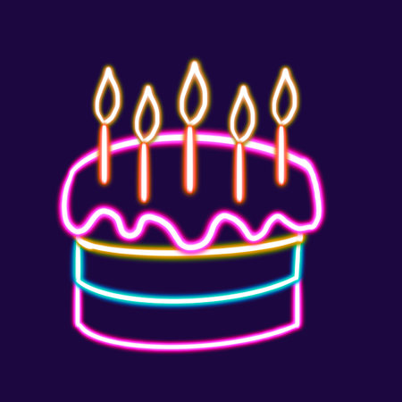 birthday cake with candles glowing desktop icon, cake neon sticker, neon figure, glowing figure,...