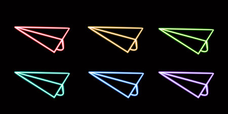 set paper airplane glowing desktop icon, message neon sticker, neon figure, glowing figure, neon geometrical figuresの写真素材