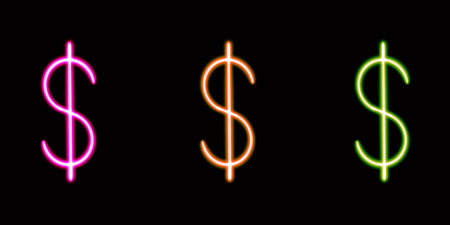 set neon dollars glowing desktop icon, neon money sticker, neon figure, glowing figure, neon geometrical figuresの写真素材