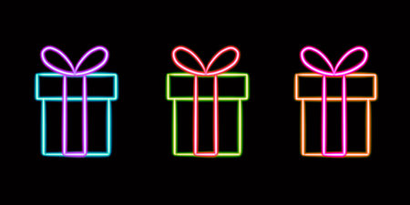 gift box glowing desktop icon, neon sticker, neon figure, glowing figure, neon geometrical figuresの写真素材