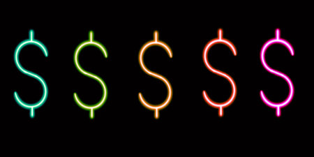 set neon dollars glowing desktop icon, neon money sticker, neon figure, glowing figure, neon geometrical figuresの写真素材