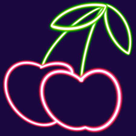 cherry glowing desktop icon, two cherries on stem neon sticker, neon figure, glowing figure, neon geometrical figuresの写真素材