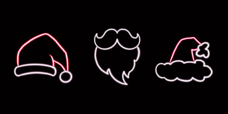 Christmas hat glowing desktop icon, red santa hat neon sticker, neon figure, glowing figure, neon geometrical figures . high quality illustrationの写真素材