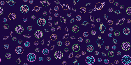 Neon Cosmic Planets Seamless Pattern, glowing desktop icon, neon sticker, neon figure, glowing figure, neon geometrical figuresの写真素材
