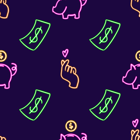 Neon Finance Seamless Pattern, Glowing Dollar Bills and Pink Piggy Bank Design. glowing desktop icon, neon sticker, neon figure, glowing figure, neon geometrical figuresの写真素材