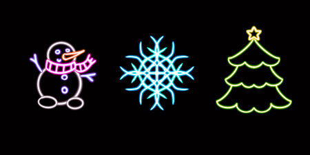 neon Snowman, Snowflake, Christmas Tree. glowing desktop icon, neon sticker, neon figure, glowing figure, neon geometrical figuresの写真素材