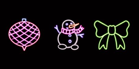 Neon Christmas Ornaments Set, glowing desktop icon, neon sticker, neon figure, glowing figure, neon geometrical figuresの写真素材