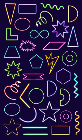 set glowing desktop icon, neon set geometric sticker, neon geometric figure, glowing figure, neon geometrical figuresの写真素材