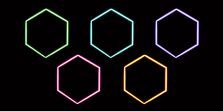 set hexagonal geometric glowing desktop icon, neon figure sticker, neon figure, glowing figure, neon geometrical figuresの写真素材