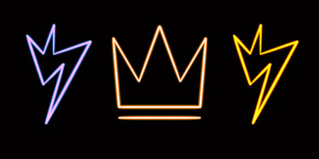 set geometric lightning bolt and crown figure glowing desktop icon, neon bolt and crown sticker, neon figure, glowing figure, neon geometrical figuresの写真素材
