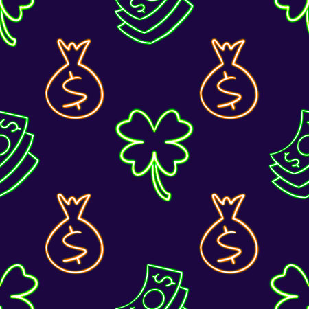 Neon Finance Seamless Pattern, Glowing Dollar Bills and Money Bag Design, glowing desktop icon, neon sticker, neon figure, glowing figure, neon geometrical figuresの写真素材