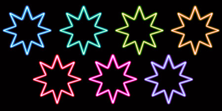 set geometric octagonal star glowing desktop icon, neon star sticker, neon figure, glowing figure, neon geometrical figuresの写真素材