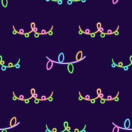 Neon Christmas Seamless Pattern, Glowing Garland. glowing desktop icon, Colorful Lights and Decorations, neon sticker, neon figure, glowing figure, neon geometrical figuresの写真素材