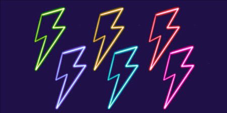 set geometric lightning bolt figure glowing desktop icon, neon bolt sticker, neon figure, glowing...