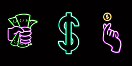 Neon Finance Set, Dollar Bill, Hand, Coin. glowing desktop icon, neon sticker, neon figure, glowing figure, neon geometrical figuresの写真素材
